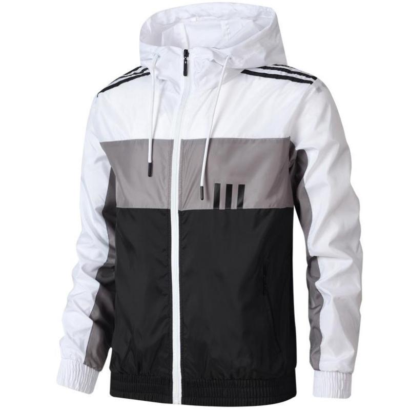 

Весняні та осінні чоловічі та жіночі куртки Звичайна повсякденна куртка з коміром з капюшоном і довгими рукавами з кольоровим блокуванням і трьома смугами 3XL сірий