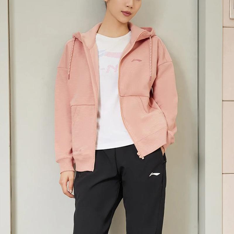 Li Ning Fitness Series Casual Fleece Loose Hooded Cardigan Sweatshirt Women Sweatshirt Sugar-Coffee AWDR884-2