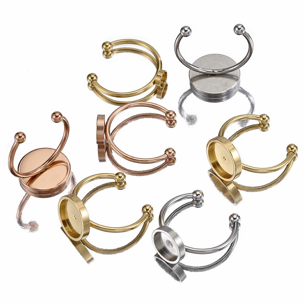 No Fade 5pcs Stainless Steel Adjustable Open Ring Base Cabochon Cameo Blank Settings Glass Bezel Jewelry Making Accessories