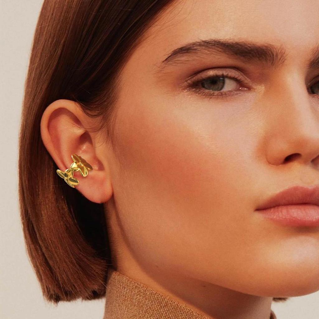 Minimalist Flower Open Chunky Ear Cuff for Women, Stainless Steel Fake Piercing Clip on Earrings, Trendy Ear Bone Clip Jewelry