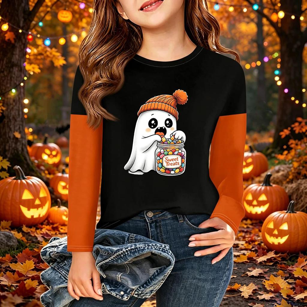 Kids Halloween Print Long Sleeve Neck T-Shirt Casual Top for Boys Girls
