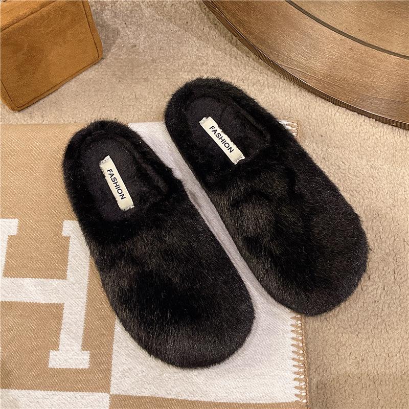 Women's Soft Bottom Large Size Thickened Winter Warm Fur One Padded Lining Ankle Boots Non-slip Baotou Cotton Fur Slippers