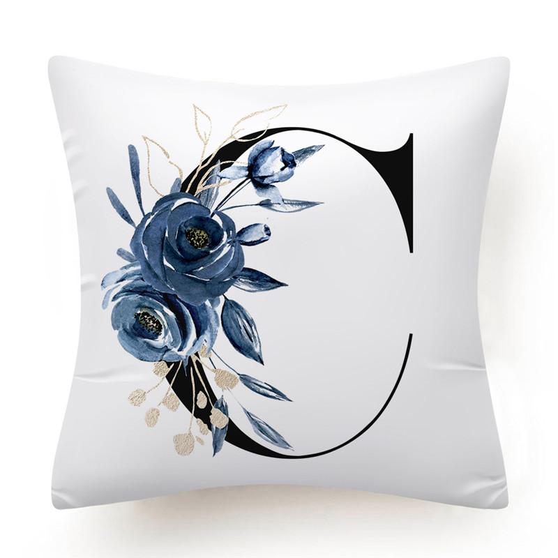 Floral Alphabet Cushion Cover 45x45 Blue Flowers Pillowcase Decorative Sofa Cushions Throw Pillows  Home Decor Pillow Cases