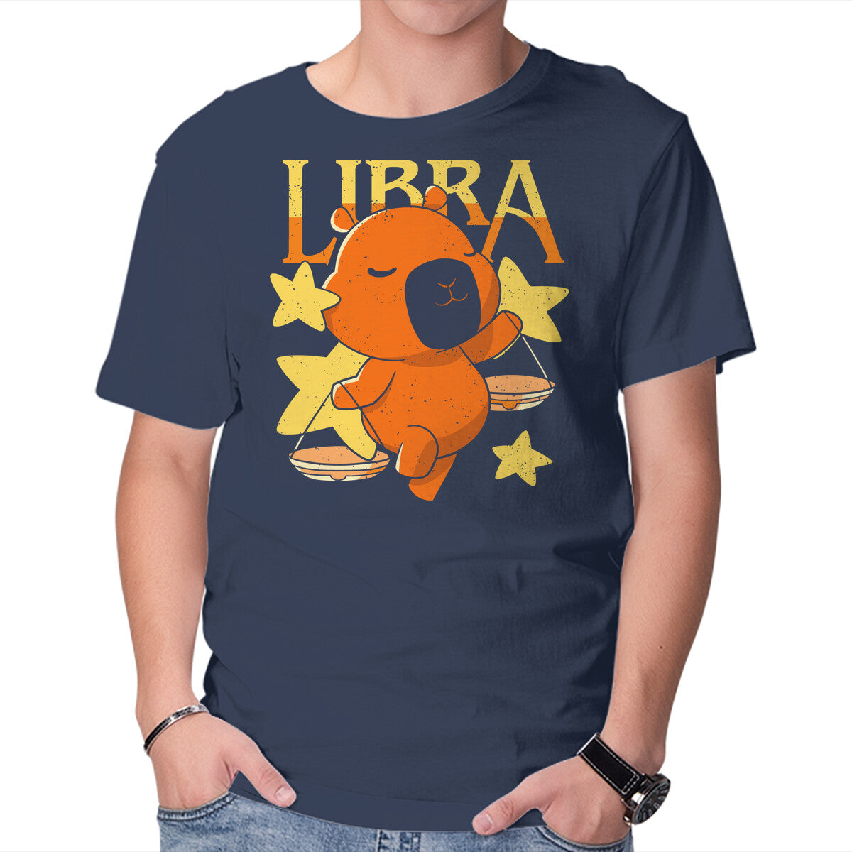 Unisex Crew Neck T-Shirt Capybara Libra Graphic Short Sleeve Casual Tee L