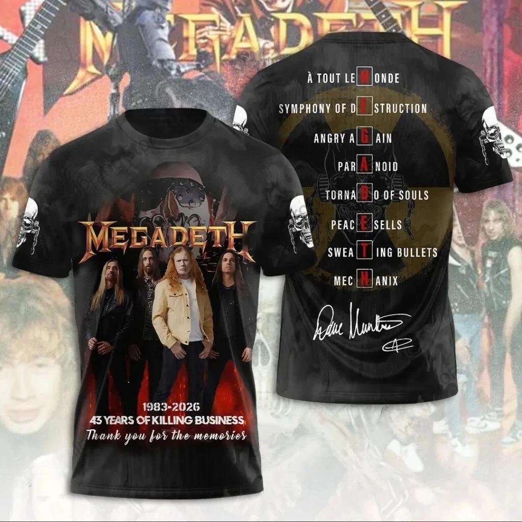 Nové 2026 Rocková Kapela Megadeth 3D Tištěné Pánské a Dámské Tričko Módní Krátký Rukáv Punk Hip Hop Street Harajuku Top