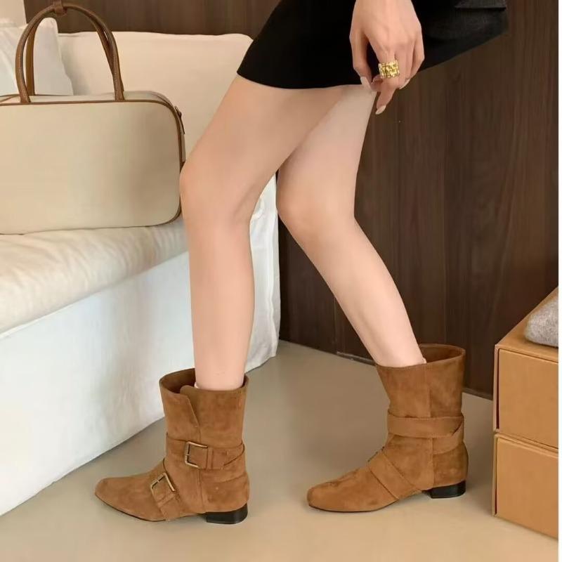 Fashion Autumn Inside Heightened Single Boots Women's Fashion Pointed Toe Suede Sleeve Metal Buckle Non-Slip Short Boots