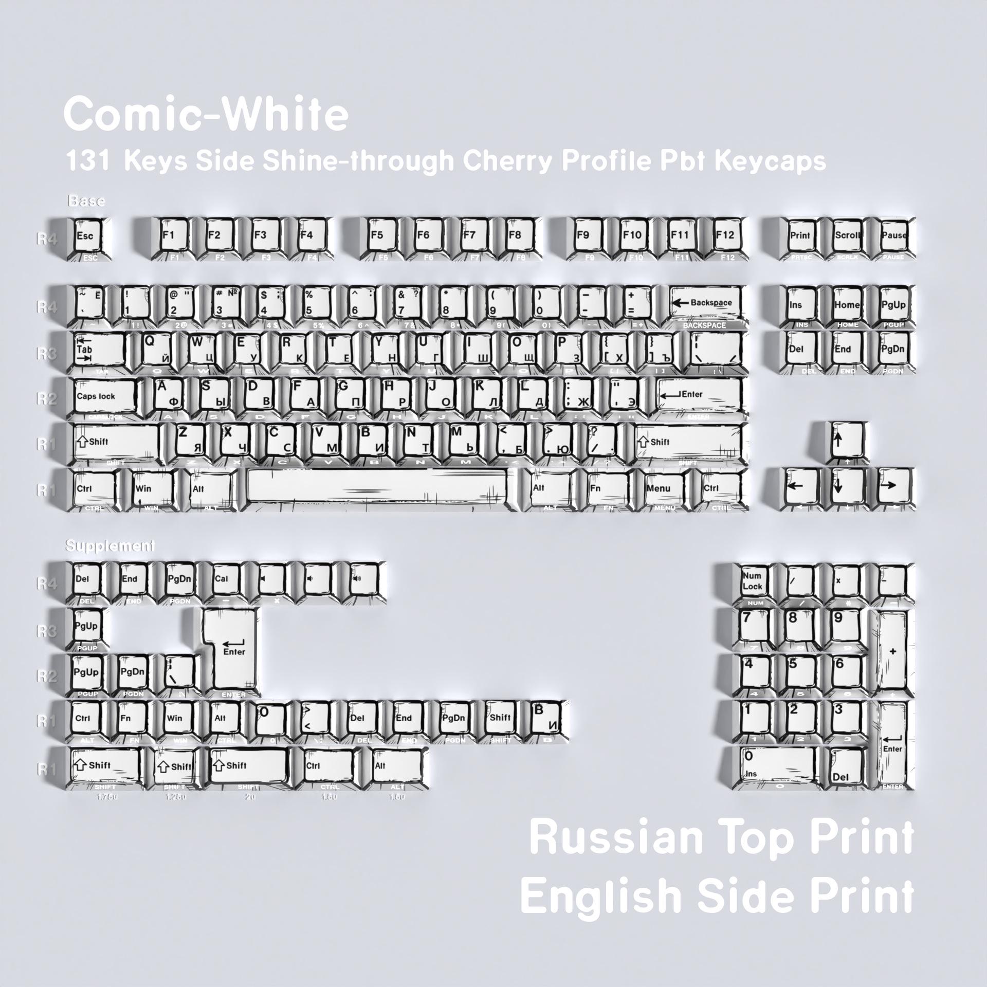 

JCM Comic White Double-Shot Translucent PBT Keycaps Set: Korean, Russian, German, Spanish, French, Arabic Layouts.