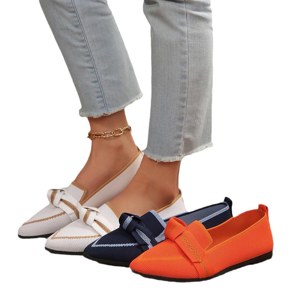 Foreign Trade Large Size Fly-woven Pointed Breathable Flat-soled Single Shoes Women's Overalls, Bows, Shallow Mouth Lazy Work Shoes