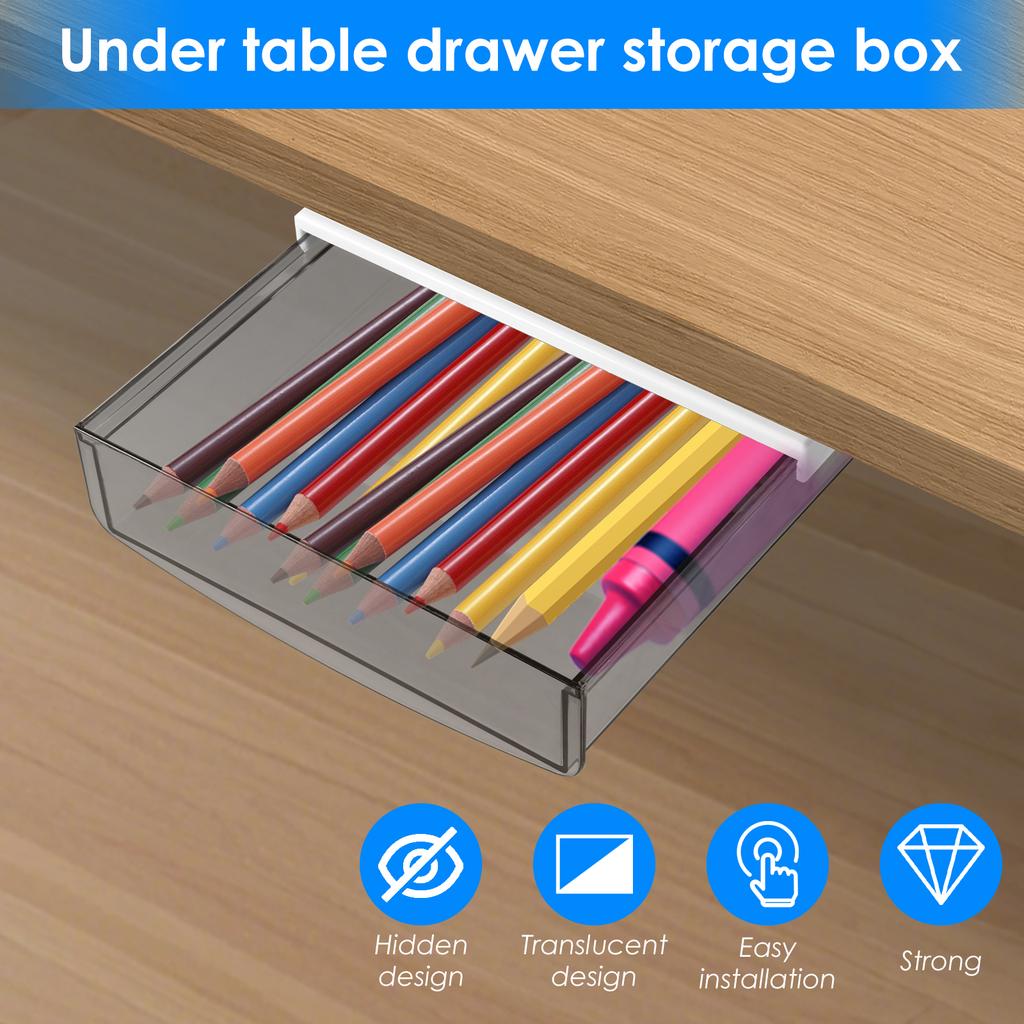 2Pcs Hidden Under Desk Drawer Self Stick Table Pull Out Storage Box Hanging Home Office Pencil Tray Organizer Drawer