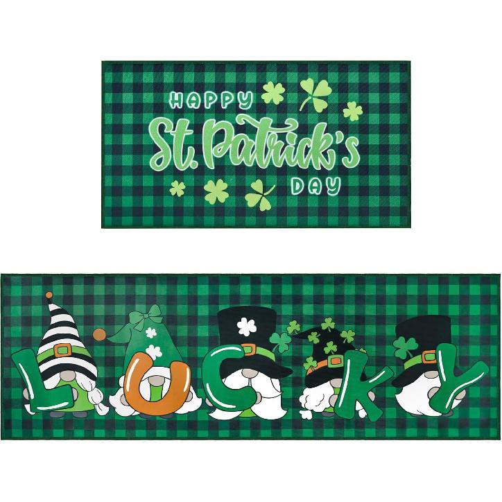St. Patrick's Day Kitchen Rugs Sets of 2 Lucky Shamrock Gnomes Kitchen Mat St Patricks Day Floor Decorations Non Skid Washable Buffalo Plaid Mats for