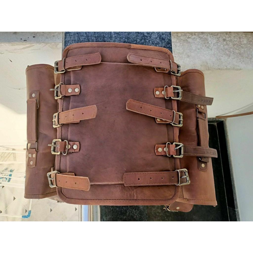 Motorcycle Brown Leather 2 Bags Side Extra Seat Pouch Saddlebags Saddle Panniers