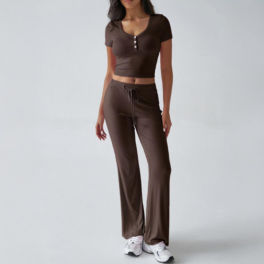 Letní dámské sportovní ležérní tričko s výstřihem do U a kalhoty s pletenými kalhotami ve stylu Y2K