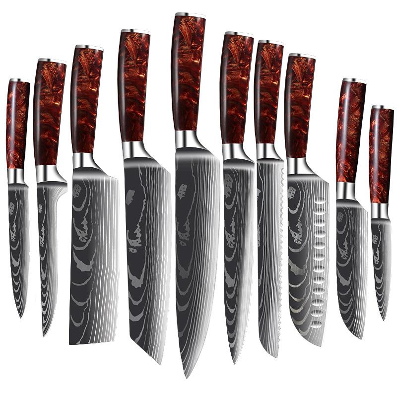 10PCS Red Resin Handle Damascus Laser Grain Set Slicing Knife Kitchen Knife Sashimi Cooking Chef Knife 10pcs красный