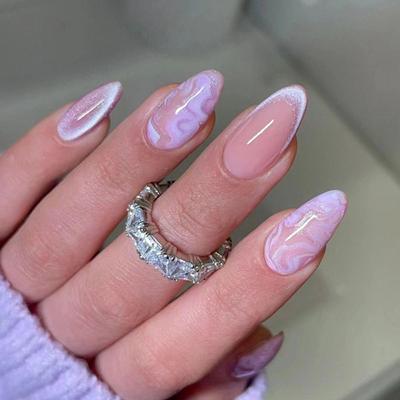 Manicure Long Almond False Nails Purple French Press On Nails Detachable Cat's Eye Cherry Fake Nials DIY