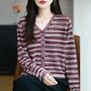 Womens V-Neck Striped Knit Cardigan Sweater Winter Casual Chic Lightweight Wool Blend Open Front Top