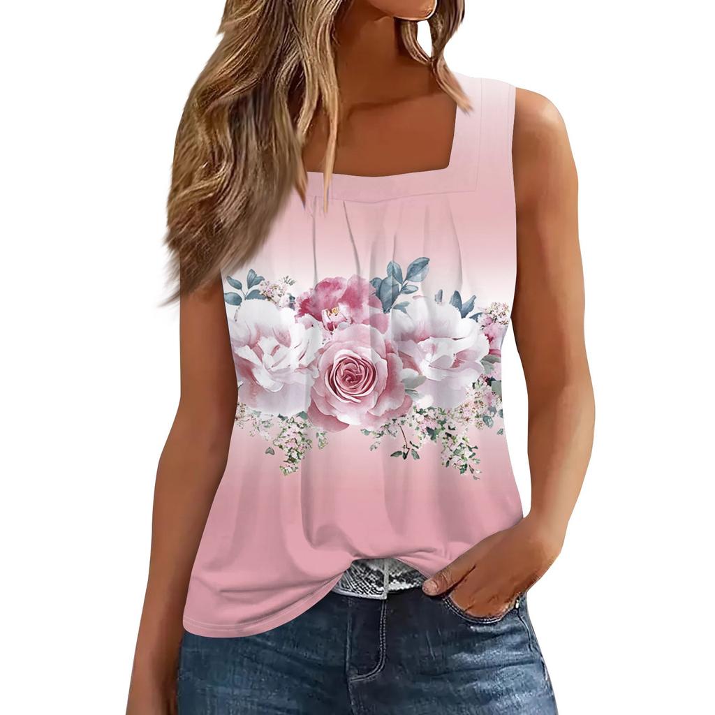 Ärmelloses Tanktop mit plissiertem, quadratischem Ausschnitt und Pflanzendruck für Damen