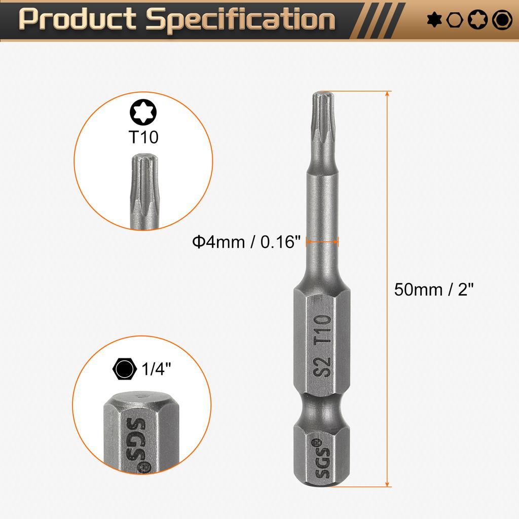 Torx Head Screwdriver Bit T5-T50 1/4" Hex Shank 50mm Magnetic No Hole Tip Tamper Proof 6 Point Star S2 Screw Driver Drill Bits