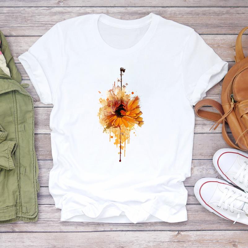 (European Size)90s Women Print Lady Female Plant Sweet Watercolor Style Tee Top Fashion T Shirt Clothing Casual Short Sleeve Graphic T-shirt