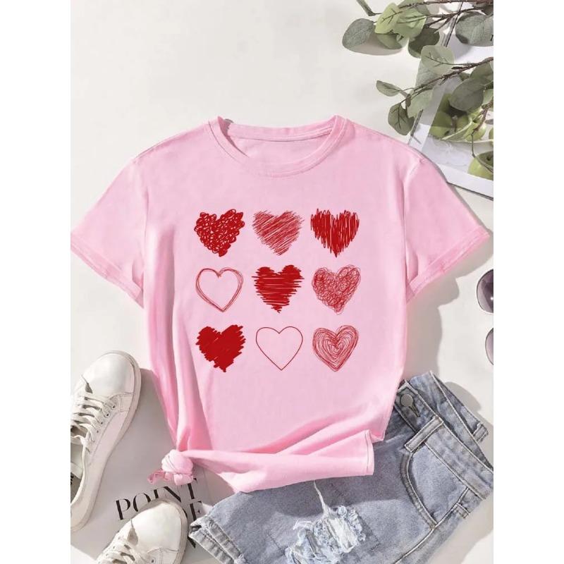Red Heart Printed Women T-Shirts Fashion Streetwear Short Sleeve Tee Clothing Casual Soft Women Tops Valentine's Day T-shirt