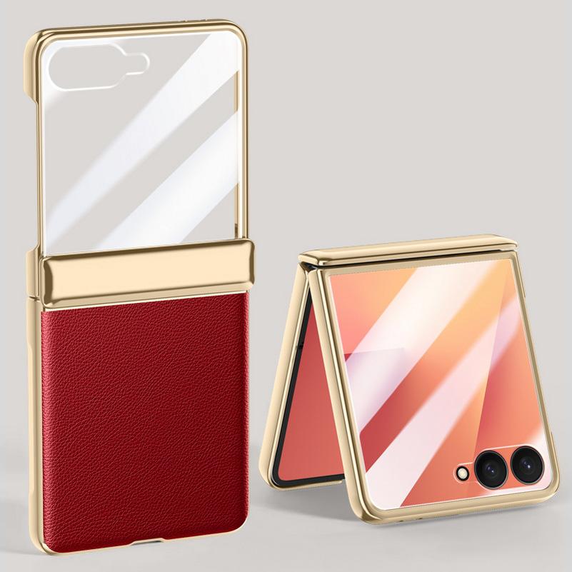 Electroplate Spring Hinged Leather Tempered Glass Protect Case For Samsung Galaxy Z Flip7 Flip 7 All-inclusive Cover