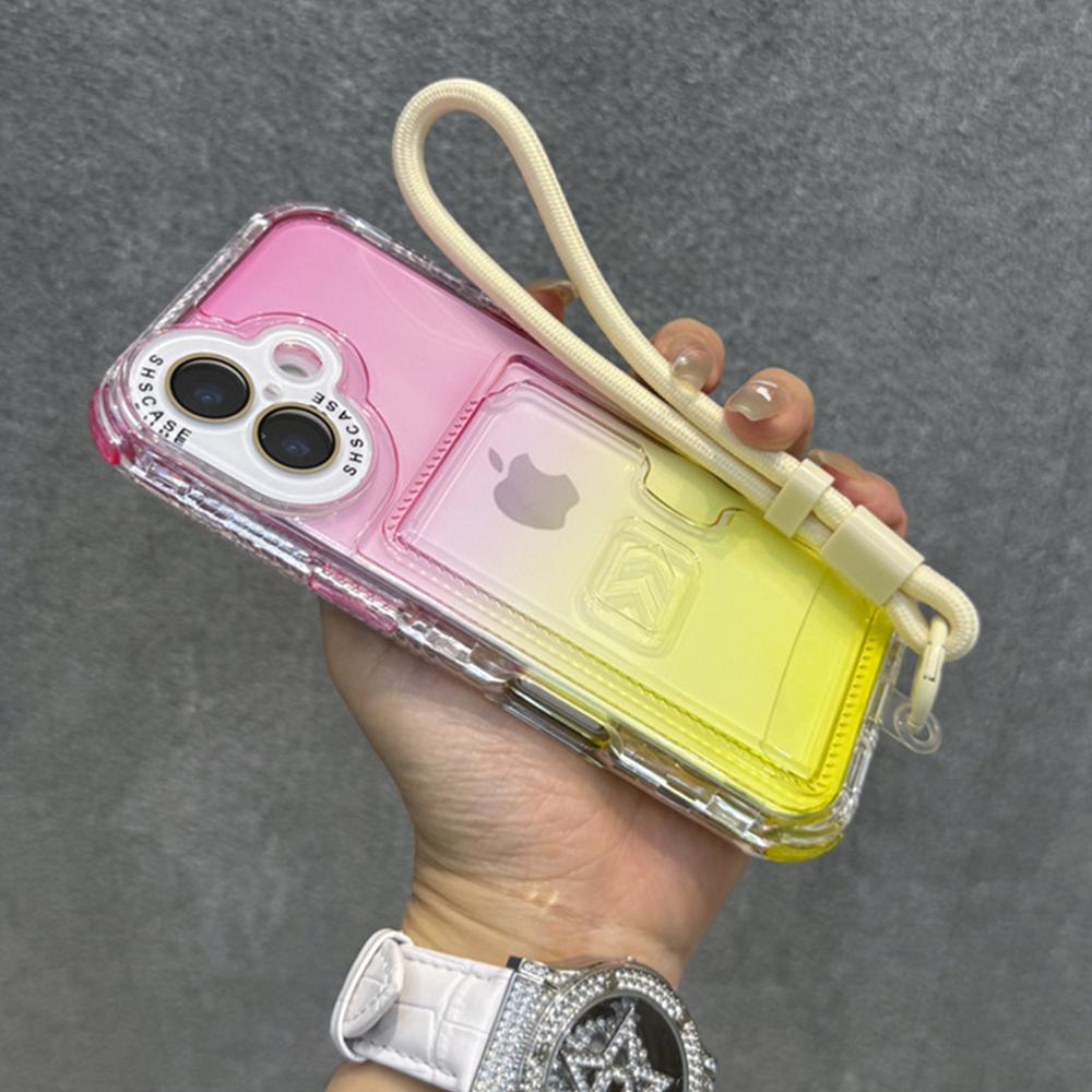 Gradient Slot Card Holder Wrist Strap Lanyard Phone Case For iPhone 15 16 Pro Max Plus 13 12 Air Cushion Bumper Protective Cover