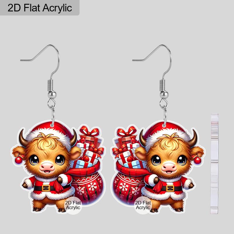 

2D Flat 1Pair Christmas Festival Cartoon Cow Gift Pattern Earring Claus for Christmas Jewelry for Women Female