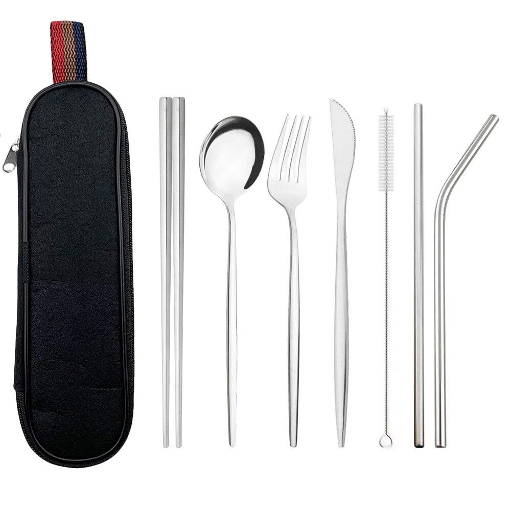 Silver Dinnerware Set Travel Cutlery Set Reusable Silverware Straw Spoons Forks Chopsticks Kitchen Accessory with Bag