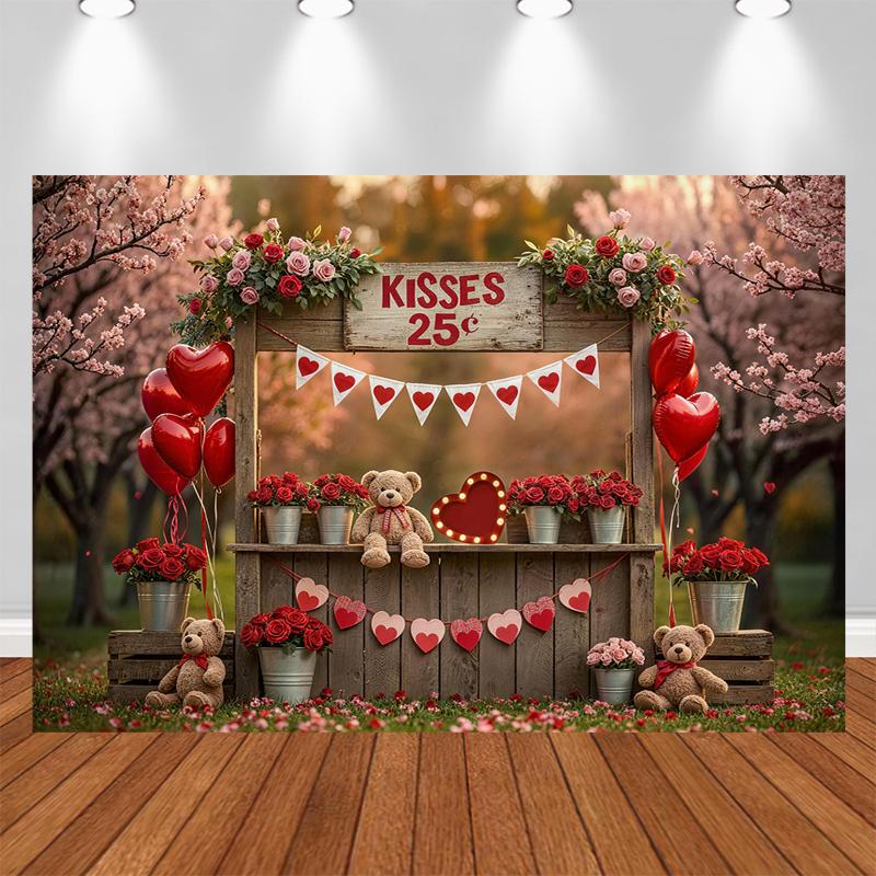 LS Valentine's Day Photography Backdrop Spring Rose Stall Balloon Bear Decor Birthday Baby Shower Kids Portrait Photo Background