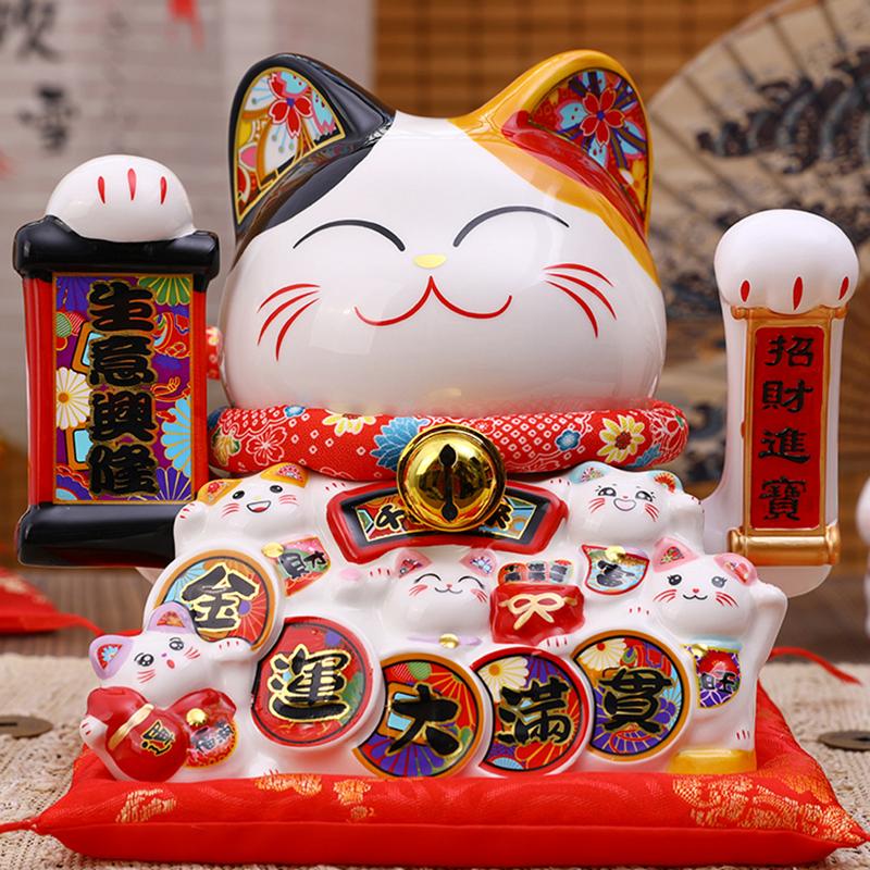 8.2 Inch Ceramic Lucky Cat Ornament Maneki Neko Beckoning Cat with Movable Arm Porcelain Figurine Decoration Statue