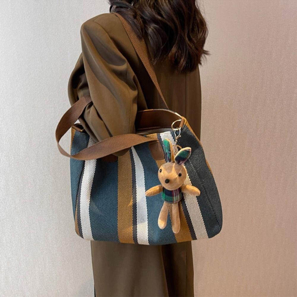 Versatile Stripe Tote Bag Casual Women's Bags Trendy Canvas Shoulder Bag  Shopping Bag