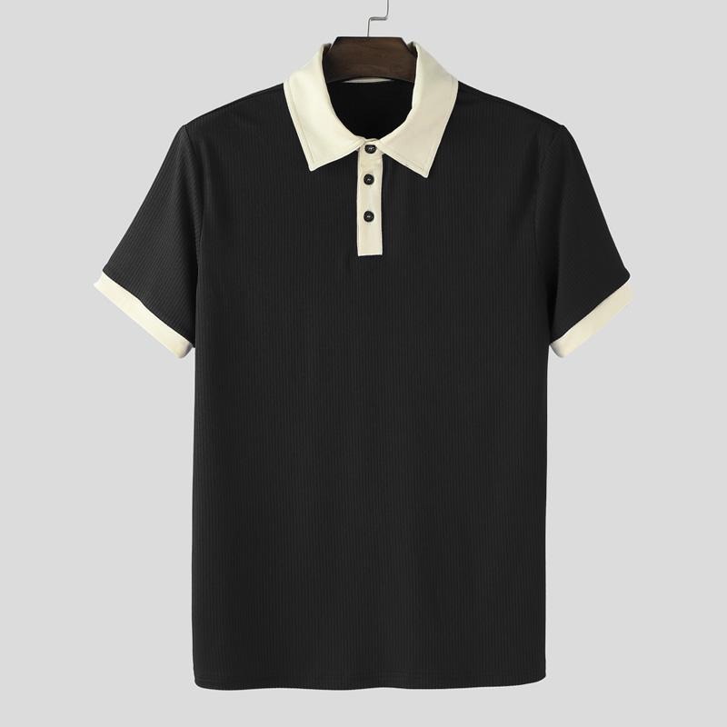 

INCERUN Summer Men Lapel Neck Short Sleeve Stitching Rib Casual Office T-shirts Tops 3XL чёрный