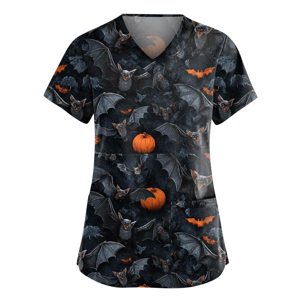Tuta da donna alla moda con scollo a V, manica corta, con tasche, top stampati per Halloween, abbigliamento