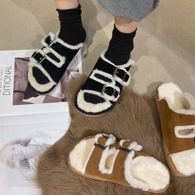 Fashion 2025 Belt Buckle Wool Slippers Women Faux Suede Shoes Winter Furry Slides Female Flats Casual Slip On Lambswool Pantuflas Home