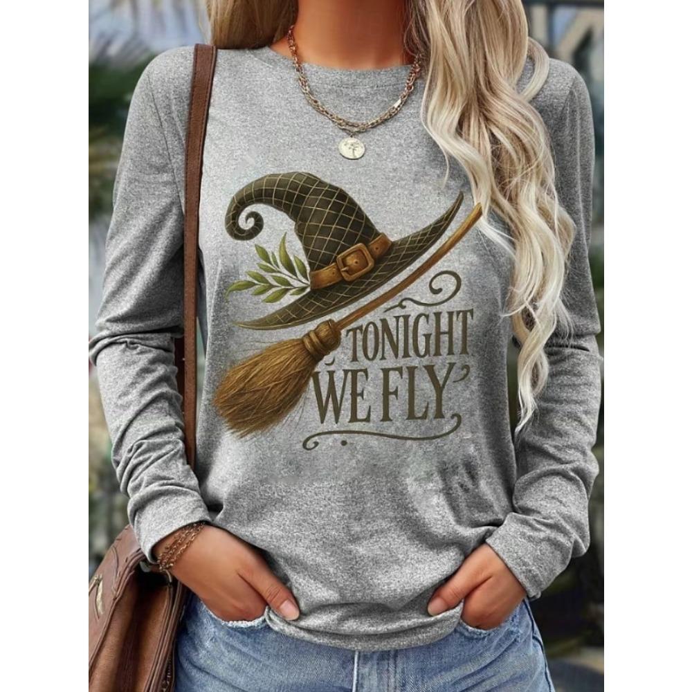 Tops for Women Magic Hat Print Round Neck Long Sleeve T-shirt Fall Casual Slim Pullover Women's Long Sleeve Top