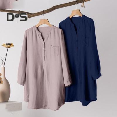 Women Shirt V-neck Buttons Half Placket Long Sleeve Loose Fit Casual Style Shirt Solid Color Mid-length Shirt