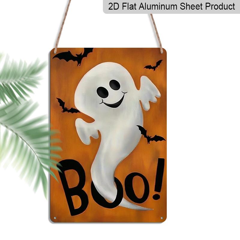 2D Flat Boo Cute Ghost Bat Orange Background Metal Sign - 8.0x12.0inch Aluminum Wall Art, Funny Halloween Front Porch Farmhouse Decor, Pre-Drilled