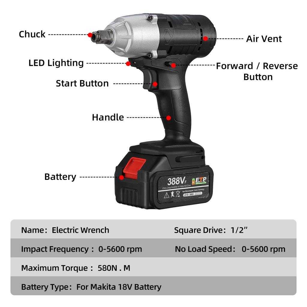 580N.M Akku-Schlagschrauber 388VF Elektro-Schraubenschlüssel Bohrmaschine Werkzeug Pistolen 1/2Zoll' Aufnahme Wiederaufladbar Neu