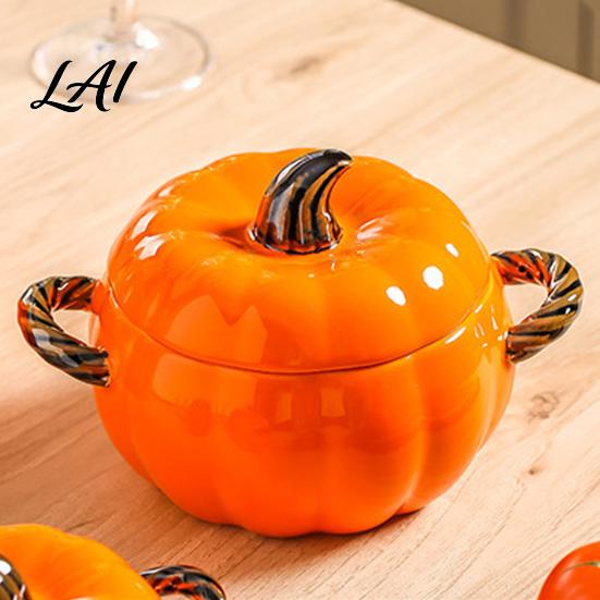 Handled Soup Bowl with Lid Pumpkin And Double Handle Microwave Safe Decorative Practical Kitchen Gift for Home Ceramic Bowl Heat Resistant Pot Stews