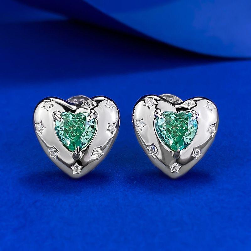 Lulu Tong S925 Silver Paraiba Heart-Shaped Stud Earrings - Fashionable Commuting Style, Available for Live Streaming