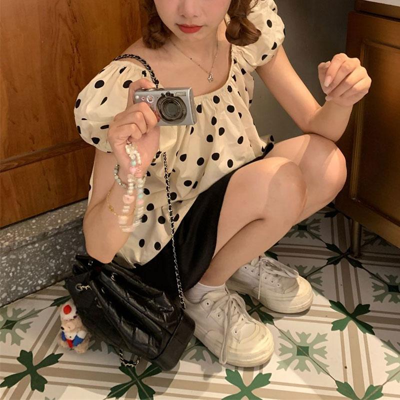 French Sweet Polka Dot Blouse Summer Fashionable Puff Sleeve Women's Casual Loose Round Folds Basic Shirts