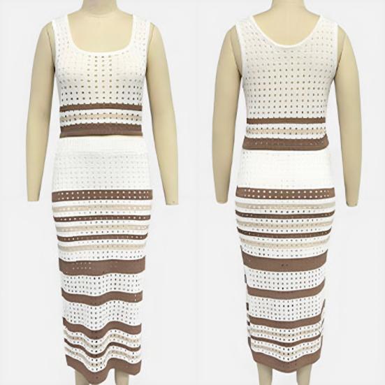 Two Piece Skirt Set for Women Striped Bodycon Slit Midi Skirt And Sleeveless Crop
