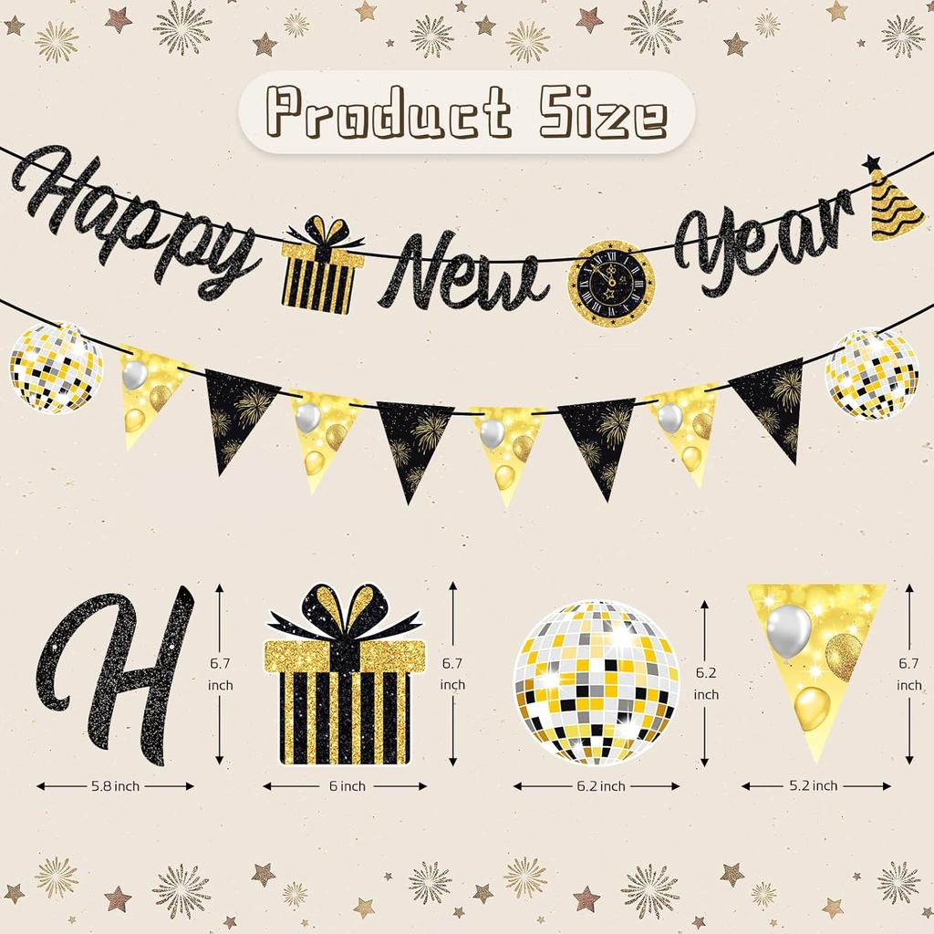 Happy New Year 2026 Banner Black Glitte Pre-Assembled New Years Eve Sign Garland Banner for 2026 NYE Party Supplies Decorations Holiday Home Hanging