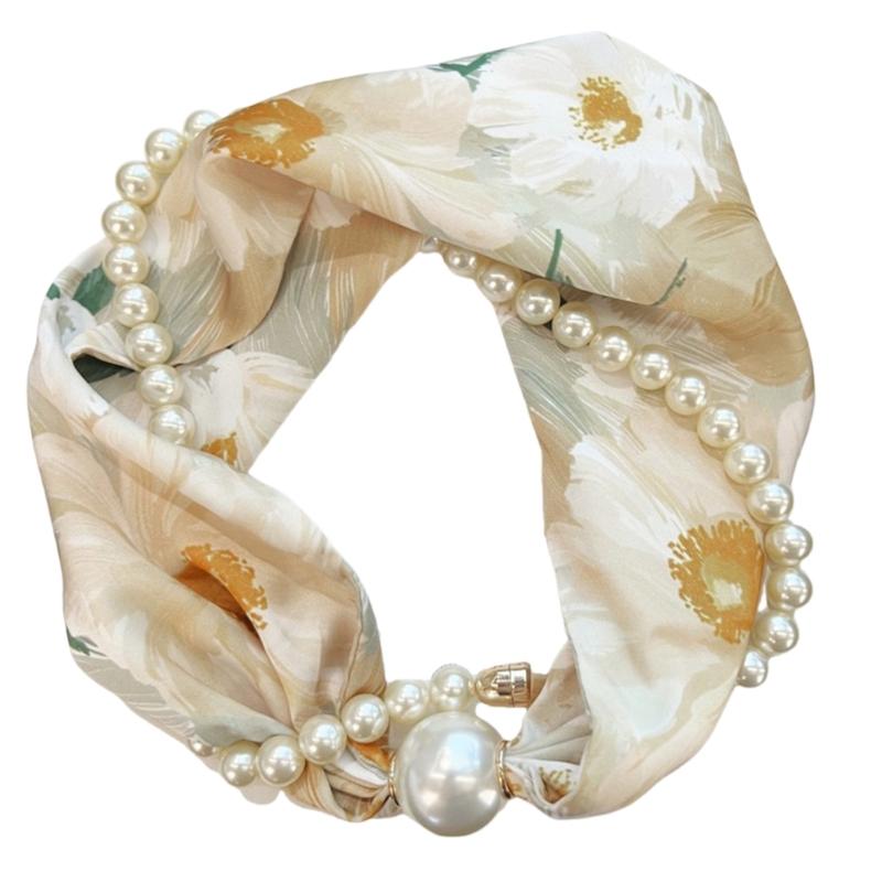 

Elegant Satins Neck Scarf Wrap with Pearls Chain Necklace and Buckle for Women Vintage Floral Silk Neckerchief