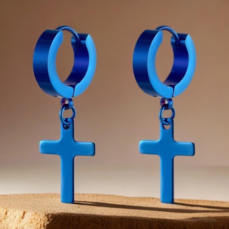 Stainless Steel Cross Pendant Earrings - European & American Fashion, Hip Hop Punk Style, Short Stud Design