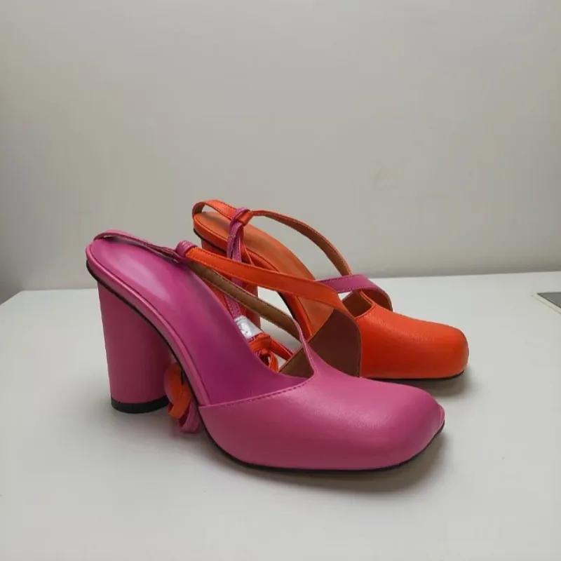 Fashion New Cross Strap Mixed Color Round Heel Sandals European American Runway Style Sexy Side Open Toe High-heeled Women's Shoes 43