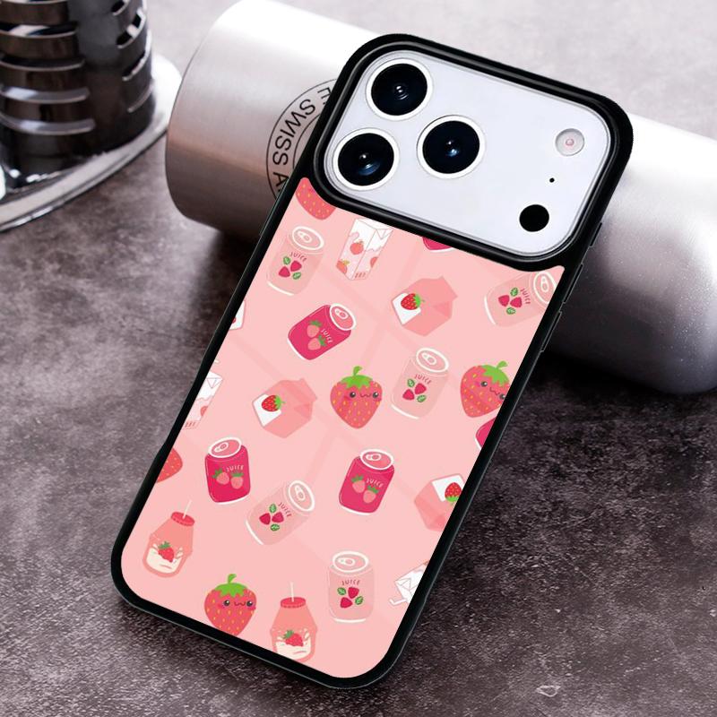 Kawaii Strawberry Milk Phone Case for iPhone 17 16 15 Pro Max Air 14 13 12 11 Plus Shockproof Cover