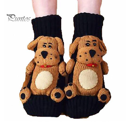 

1 пара зимних носков с 3D-принтом с животными из мультфильмов, вязаные нескользящие утолщенные эластичные теплые носки средней длины с подошвой в силиконовые точки чёрный