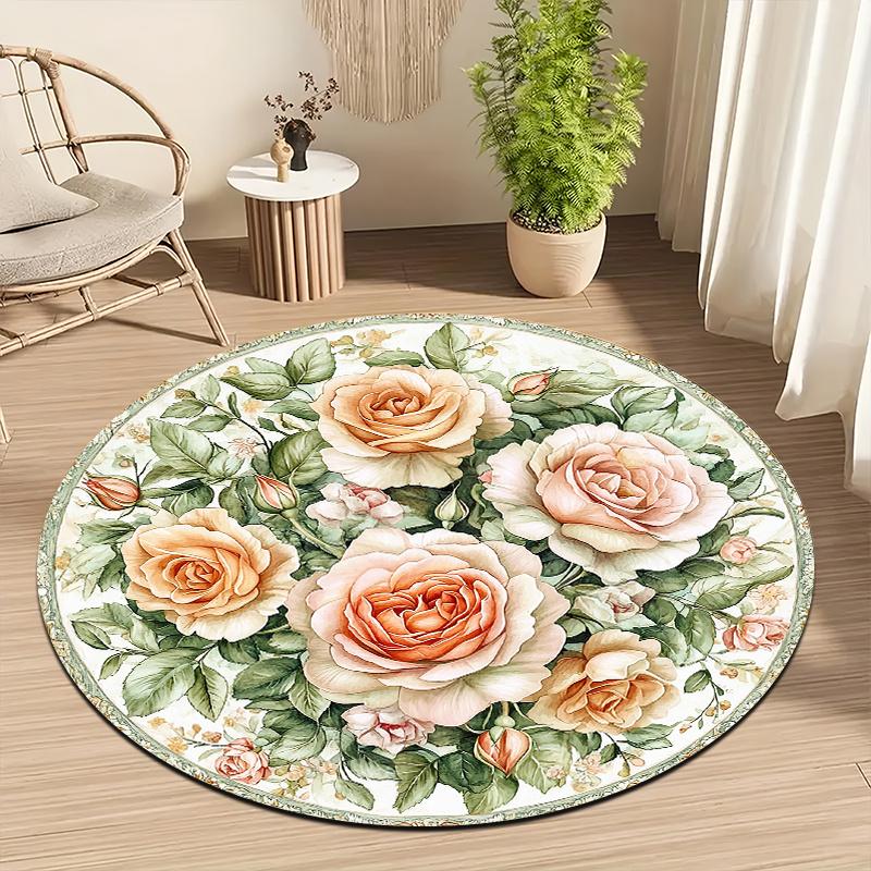 Rose floral pattern Flannel-printed round floor mats are slip-resistant Suitable for living room bedroom terrace garden carpets