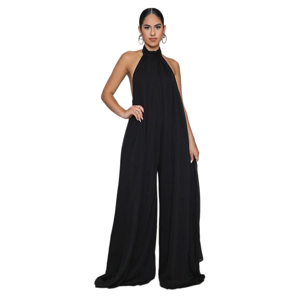 Tuta da donna con scollo all'americana, senza maniche, tinta unita, in chiffon, gamba larga, schiena scoperta, morbida, fluida, pantaloni lunghi, tutina