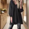 Women Casual Shirt V-Neck Pleated Lantern Long Sleeve Top Solid Color Loose Fit Mid-length Pullover Tops Streetwear